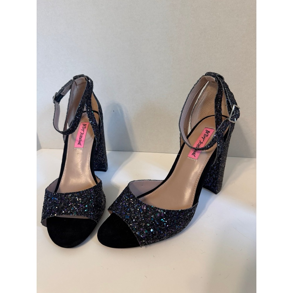Betsey Johnson  Chunky Glitter Ankle Strap Heels 9